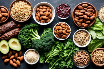 Obraz premium Close-up shots of keto-friendly ingredients nuts, seeds, lean meats, and green leafy vegetables, arranged in a visually appealing manner.