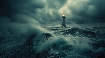 A lighthouse standing strong in the midst of a stormy ocean. Suitable for themes of strength and resilience