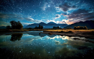 Starry night, tranquil water, ethereal beauty
