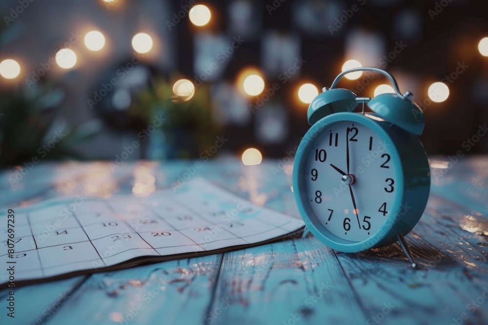 Poster a blue alarm clock resting on a wooden table. suitable for time management concepts