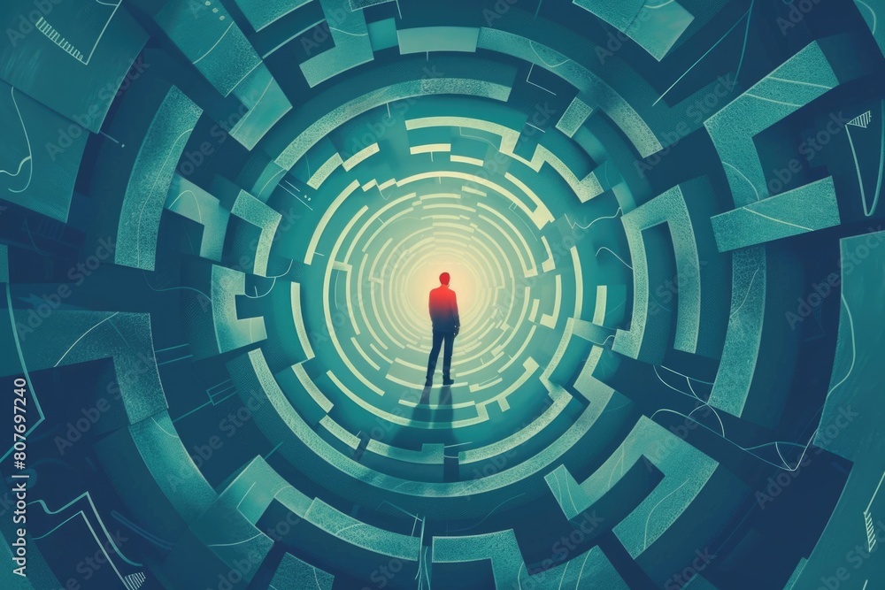 Aufkleber A person standing in a maze with a light at the end. Suitable for concepts of finding a way out