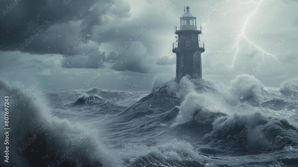 Poster A lighthouse standing strong in the middle of a stormy ocean. Perfect for illustrating strength and resilience in difficult times