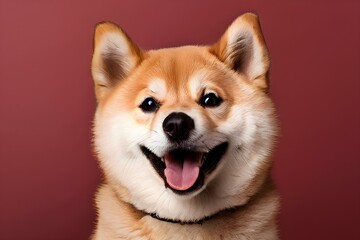 Portrait of cute joyful Shiba Inu, pet dog animal banner with copy space.