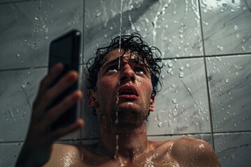 A man capturing a selfie in the shower, suitable for social media usage