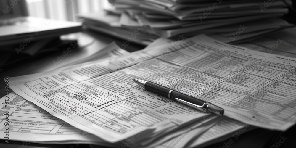 Poster a pen resting on top of a stack of documents, suitable for office or education concepts