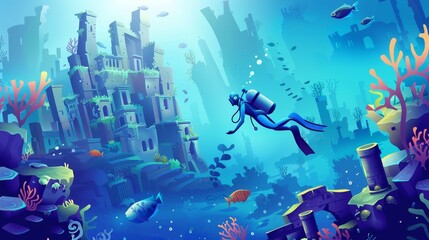 Modern cartoon illustration of underwater landscape with ruins, stones, fishes and woman in diving suit with aqualung and sunken ancient city under water in sea or ocean.