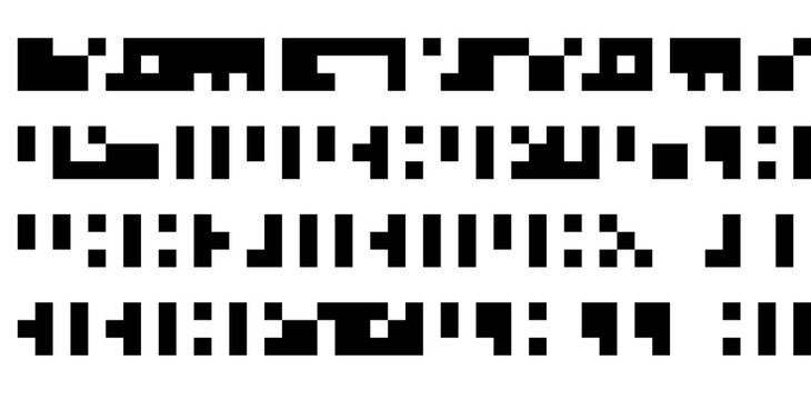Cryptic unreadable isolated pixel Text. Futuristic alien alphabet. Abstract illegible symbols of fictional language. Incomprehensible letters. Transparent background.
