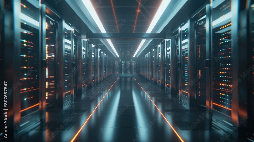 Aufkleber rows of servers in a long hallway, suitable for technology concepts