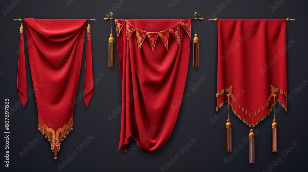 Wall mural Detailed mockup of red pennant flags, with golden tassels. Round, concave, pointed and double edges. Medieval heraldic ensign templates. Realistic 3D modern icons isolated. - Wall murals