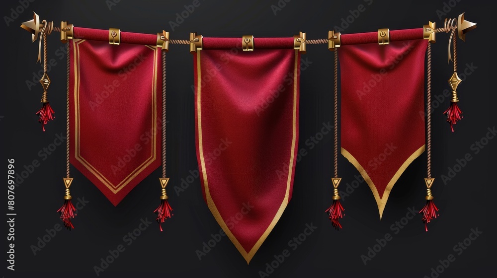 Poster an isolated set of 3d modern icons in the form of red pennant flags with golden tassels, rounded, co