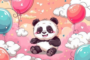 A panda bear sitting on the ground surrounded by colorful balloons. Suitable for various celebrations and events