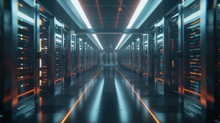 Obraz premium Rows of servers in a long hallway, suitable for technology concepts
