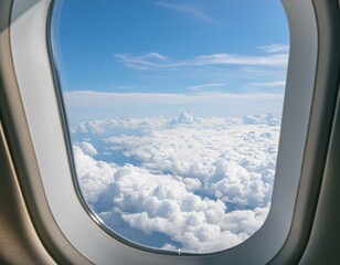 a view of the clouds from an airplane window with a sky background.