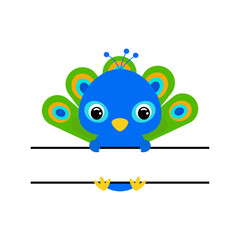 Cute peacock split monogram. Funny cartoon character for shirt, scrapbooking, greeting cards, baby shower, invitation. Bright colored childish stock vector illustration