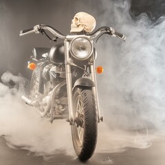 a motorcycle with a skeleton on the back of it is shown in a dark room with smoke and a black...