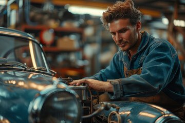 Vintage car restoration: A mechanic in overalls meticulously working on the engine of a classic car in a well-equipped garage.. AI generated.