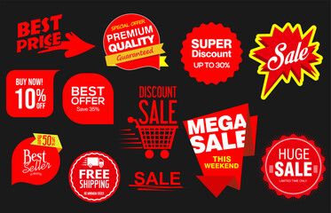 Set of red Sale badges tags and labels design 