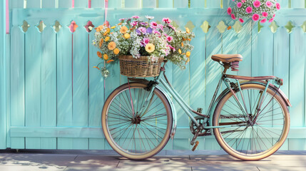 Fototapeta na wymiar A picturesque view of a bicycle with a basket overflowing with assorted flowers, parked against a light blue fence, adding a touch of beauty to the urban environment