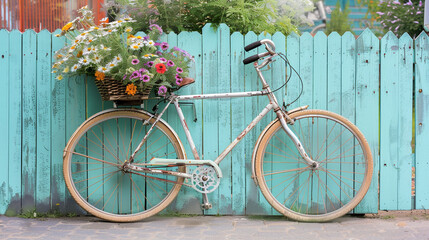 A picturesque view of a bicycle with a basket overflowing with assorted flowers, parked against a light blue fence