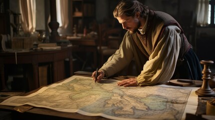 Fototapeta premium Roman scholar examines ancient map revealing geographical insights from bygone era