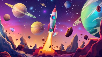 An illustration of a space exploration cartoon poster with a rocket in outer space with planets in a starry sky, a nebula, and flying rocks. Interstellar exploration on the futuristic shuttle of