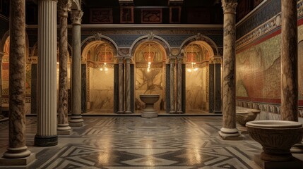 Roman bathhouse interior displays beautiful mosaic designs on walls