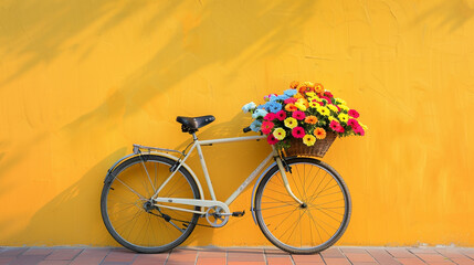  A serene scene of a bicycle with a basket filled with colorful flowers, parked against a bright yellow wall