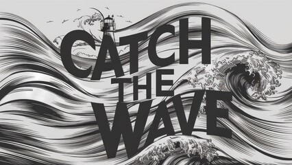 Catch the Wave: Dynamic Black and White Ocean Wave Illustration with Lighthouse Scene