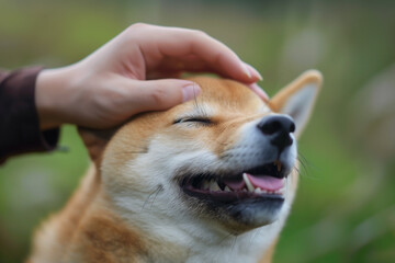 Shiba Inu being patted on the head