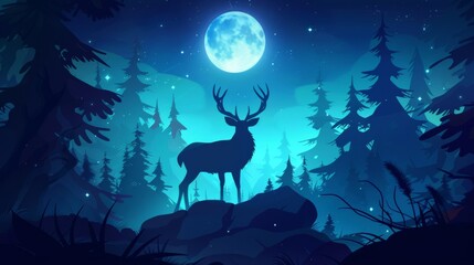 Nature soul banner with mystical glowing deer silhouette in dark forest at night. Modern illustration of stag spirit and protector of woodland.