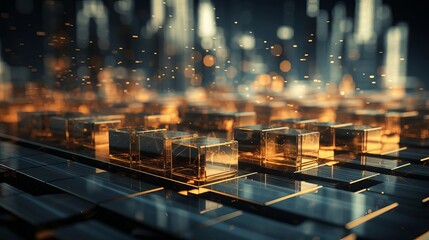 Gold bars set on a glowing digital grid representing stock market movements