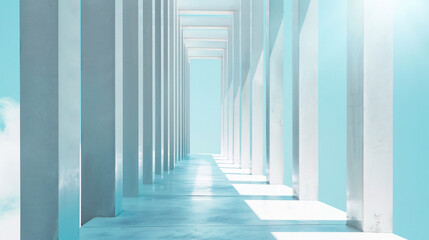 Widescreen minimalistic architecture, white and light blue, featuring unique angled columns for banner