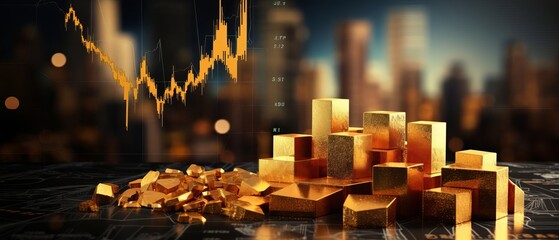 Gold as a secure asset, illustrated with a nugget and background trading graphs