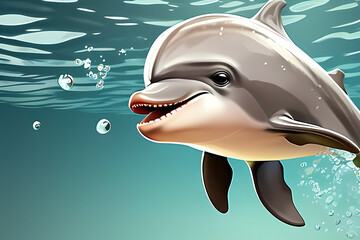 baby dolphin in the water, cartoon illustration, isolated in abstract background
