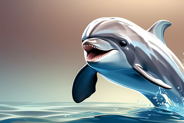 dolphin jumping out of water, cartoon illustration, isolated in abstract background