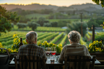 Two seniors enjoying wine in a tranquil vineyard setting, seated at a table with a view of rolling vine rows. AI generated.