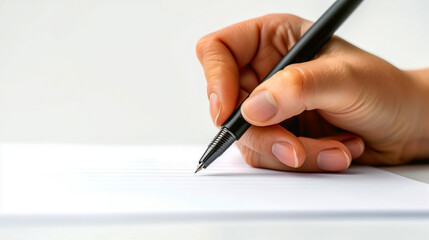 Close-up of a person's hand writing on lined paper with a black ballpoint pen on a white background.