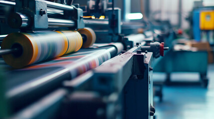 Naklejka premium Close-up view of a commercial printing press machine in operation producing colorful prints.