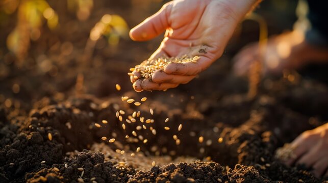 Close-up shot of a hand sowing seeds into fertile soil backlit by golden sunlight.