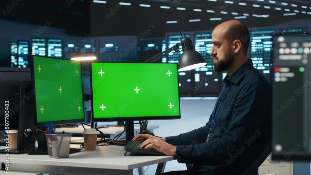 Poster it supervisor working on isolated screen computers in data center, ensuring optimal performance. per