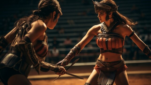 Female gladiatrix facing fierce combatant in arena
