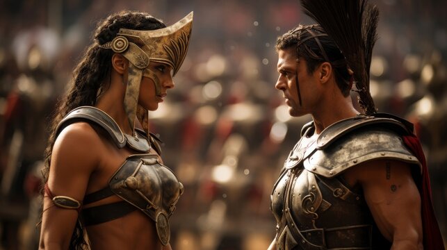 Female gladiatrix challenging gender norms in arena