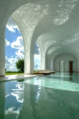 Serene Modernist Oasis: Reflective Pool and Archways