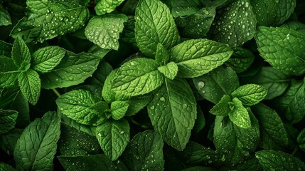 Fresh green mint leaves with water droplets covering the surface, creating a fresh and natural look.