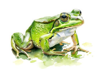 Obraz premium A cute watercolor of a frog, capturing its vibrant green hues, isolated with a white background