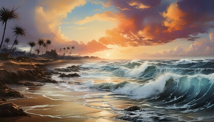 a painting of a sunset over the ocean with waves crashing on the shore and clouds in the sky over...