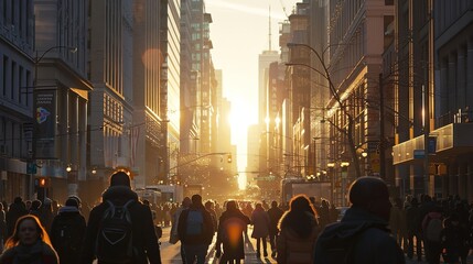 A busy city street with a lot of people, sunset