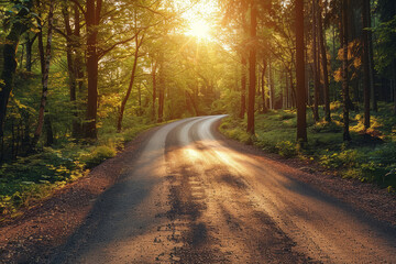 Driver experiencing the solitude of a winding road through a sunlit forest in the countryside.. AI generated.
