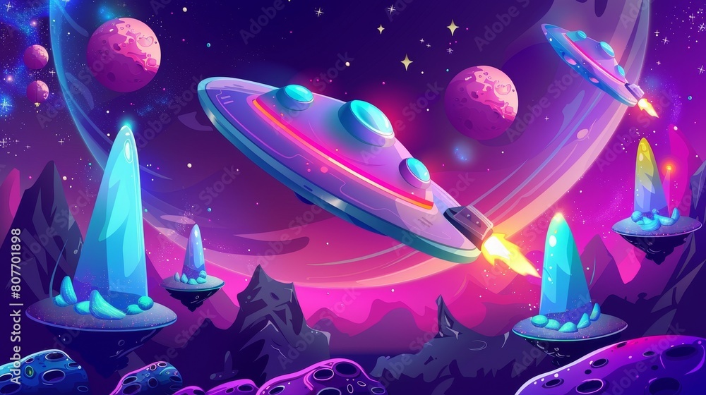 Poster animated spaceship parallax background, interstellar shuttle hovers above alien planet with assets o