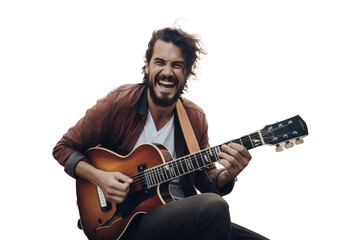 Obraz premium Exuberant street musician playing guitar in the city